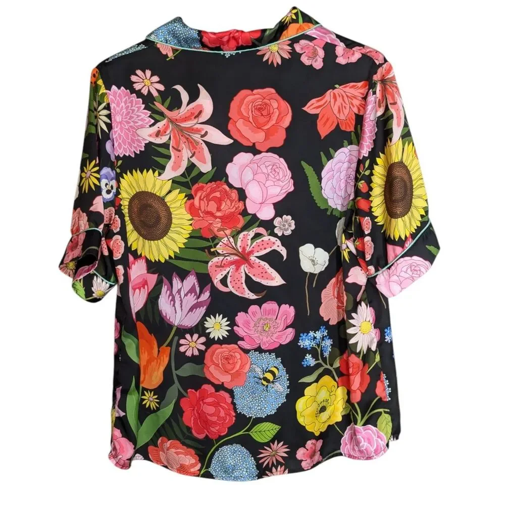 Karen Mabon Pajama Top Size M Black Floral Short Sleeve Button Up Artsy Trendy - Picture 2 of 8